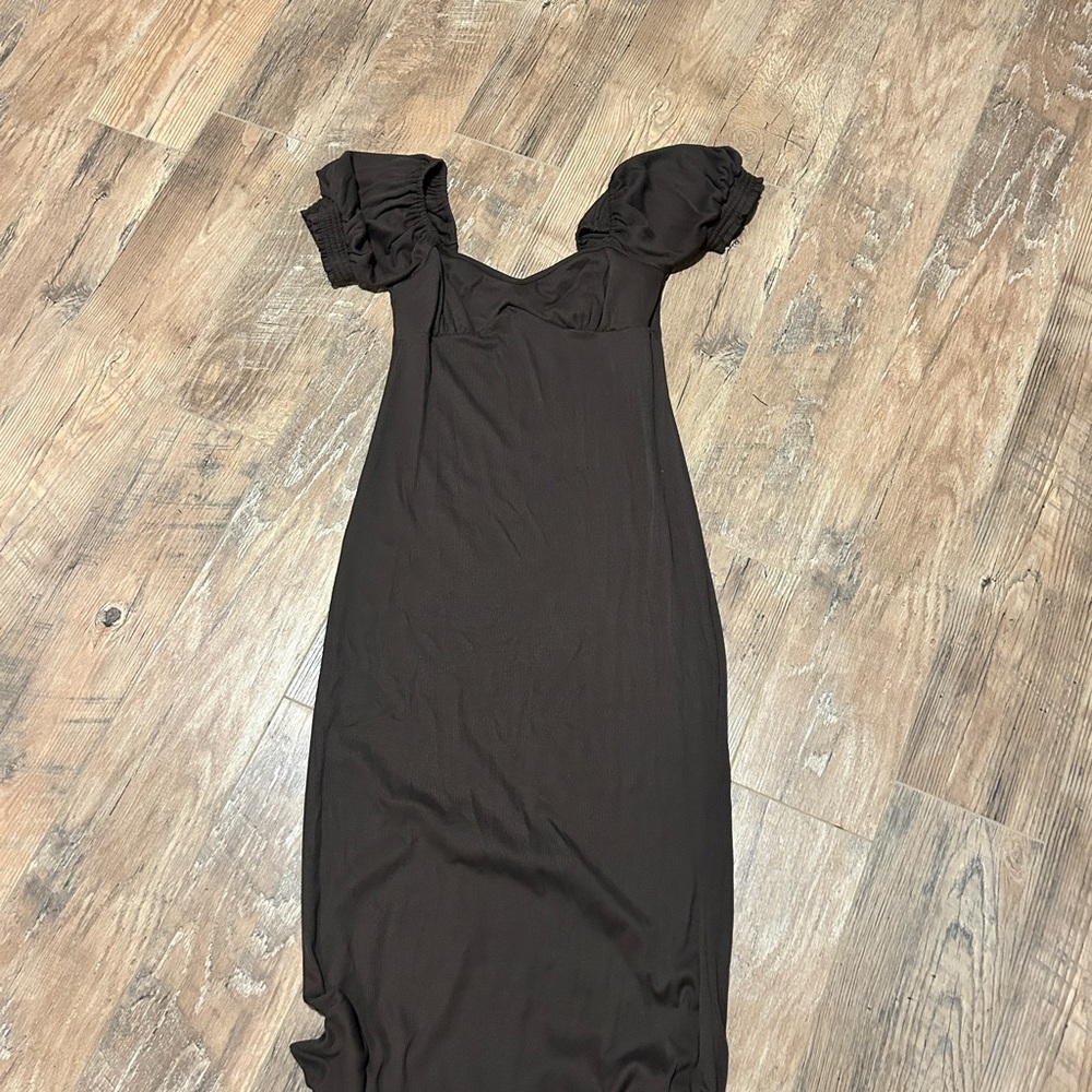Free People Ruffled Sleeve Brown Midi Dress